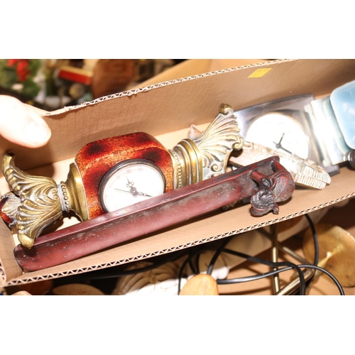 274 - 2 BOXES OF ASSORTED CLOCKS, 4 CANDLE HOLDERS, TABLE LAMP & WOODEN ORNAMENTS - WARRANTED UNTIL 12 NOO... 