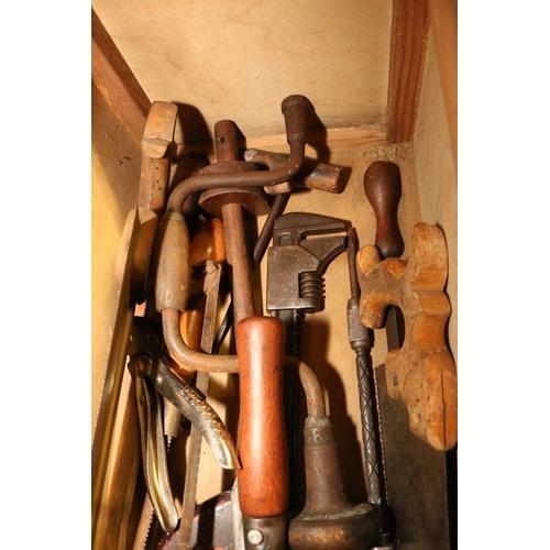 289 - CARPENTERS TOOL CHEST, INCL BRASS TENON SAW, BILLHOOK & FRAMES, DRILL BITS, ETC