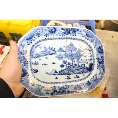 310 - 4 BOXES OF BRIC-A-BRAC/ 3 STAPLED WILLOW PATTERN PLATES