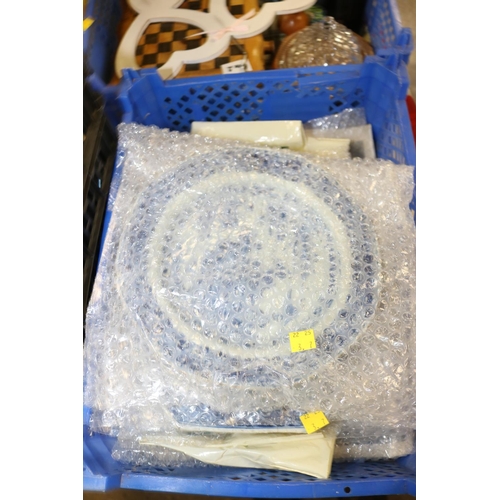 310 - 4 BOXES OF BRIC-A-BRAC/ 3 STAPLED WILLOW PATTERN PLATES