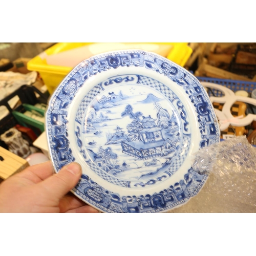 310 - 4 BOXES OF BRIC-A-BRAC/ 3 STAPLED WILLOW PATTERN PLATES