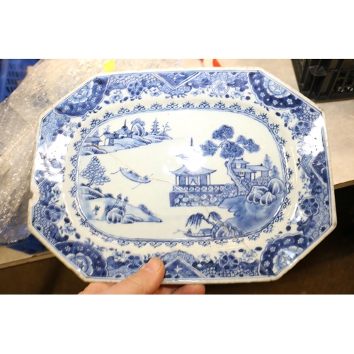 310 - 4 BOXES OF BRIC-A-BRAC/ 3 STAPLED WILLOW PATTERN PLATES