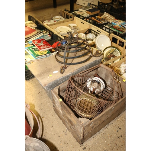 331 - WOODEN STOOL, CRATE, STORM LAMP, METAL RACK