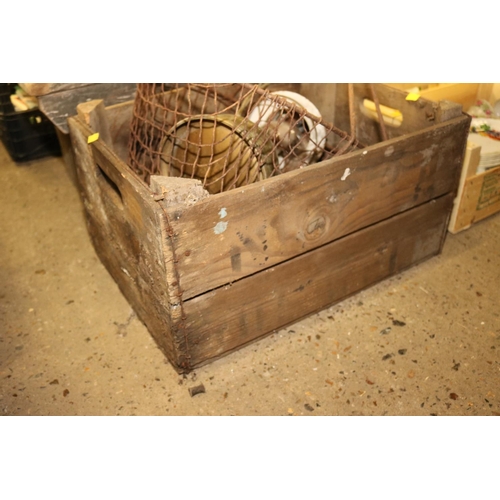 331 - WOODEN STOOL, CRATE, STORM LAMP, METAL RACK