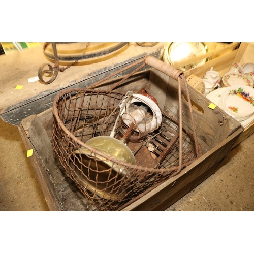 331 - WOODEN STOOL, CRATE, STORM LAMP, METAL RACK