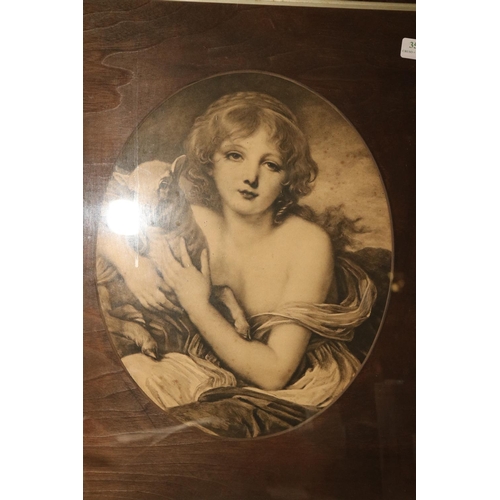 356 - VICTORIAN SEPIA PRINT OF NUBILE YOUNG LADY CUDDLING A LAMB