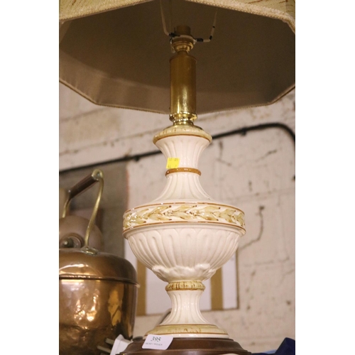 395 - PORCELAIN LAMP WITH SHADE - WARRANTED UNTIL 12 NOON TUESDAY FOLLOWING THE ABOVE SALE