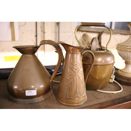 396 - COPPER KETTLE & 2 JUGS