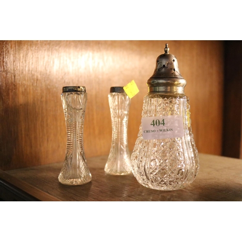 404 - SILVER TOPPED SUGAR SHAKER & 2 SILVER GLASS FLUTES?