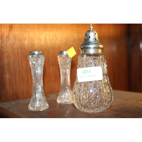 404 - SILVER TOPPED SUGAR SHAKER & 2 SILVER GLASS FLUTES?