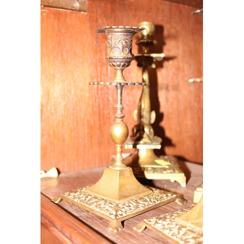 474 - 2 PAIRS OF BRASS CANDLE STICKS & 1 SINGLE