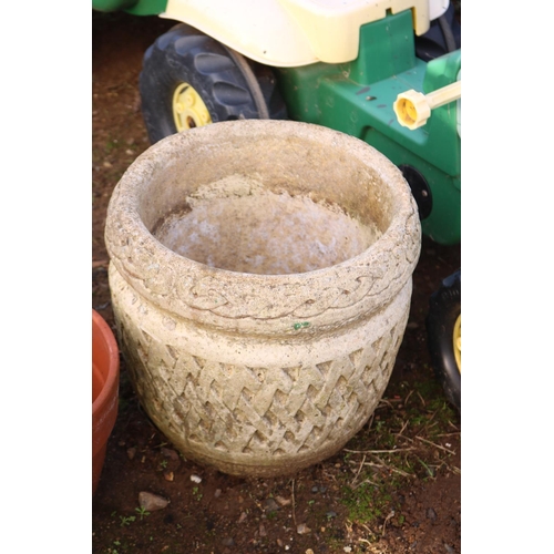 48 - 2 SQUARE CONCRETE FLOWER POTS, 1 CONCRETE & TERRACOTA POTS