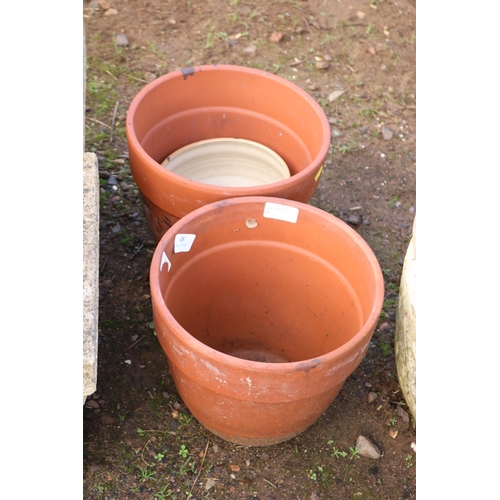 48 - 2 SQUARE CONCRETE FLOWER POTS, 1 CONCRETE & TERRACOTA POTS