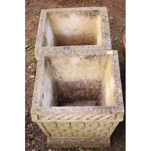 48 - 2 SQUARE CONCRETE FLOWER POTS, 1 CONCRETE & TERRACOTA POTS