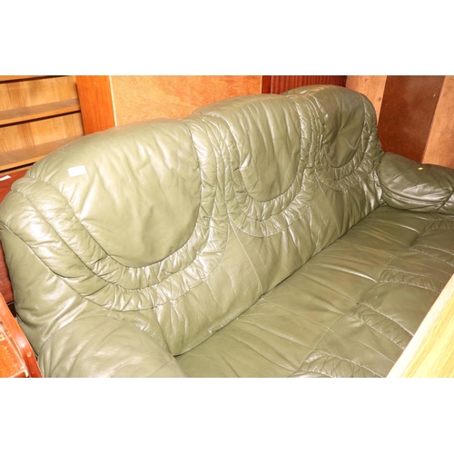 555 - WOOD FRAME GREEN LEATHER 3 SEATER SOFA