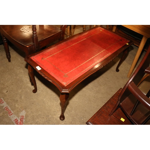 558 - SIDE TABLE, MAHOGANY COLOURING, RED LETHER WITH GOLD DETAILING