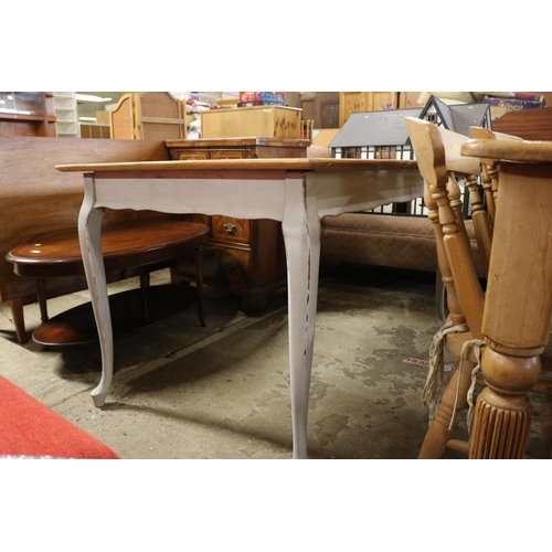 588 - DINING TABLE, WOOD TOP, GREEN LEGS