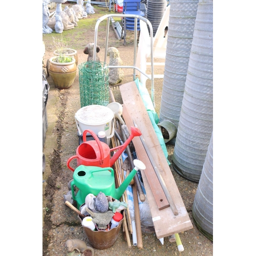 67 - QTY OF TOOLS/WATERING CANS/WOOD ETC