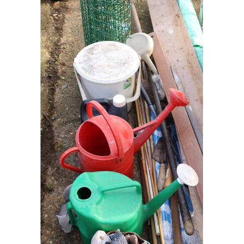 67 - QTY OF TOOLS/WATERING CANS/WOOD ETC