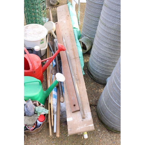 67 - QTY OF TOOLS/WATERING CANS/WOOD ETC