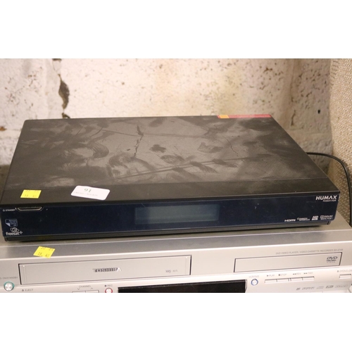 91 - PANASONIC DVD RECORDER, TOSHIBA VIDEO/DVD COMBI & HUMAX - NO REMOTES - WARRANTED UNTIL 12 NOON TUESD... 