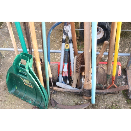 16 - QTY OF GARDEN TOOLS (FORK, RAKE, HOSE, ETC)