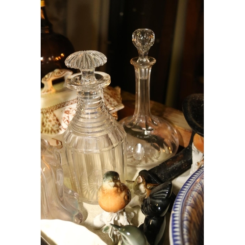 458 - QTY OF COLLECTABLES, PLATES, DECANTERS, BOTTLES, ETC