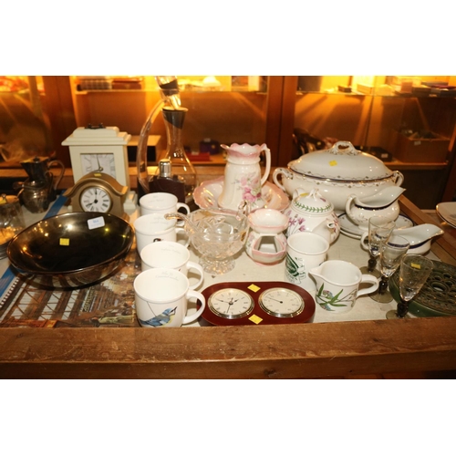 464 - QTY OF COLLECTABLES - CLOCKS, CUPS, BOWL, JUG, TUREEN INCL PORTMEIRION, ETC