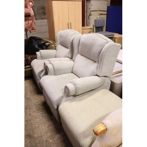 537 - PAIR OF GREEN ARMCHAIRS, (1 RECLINING), & FOOT STOOL