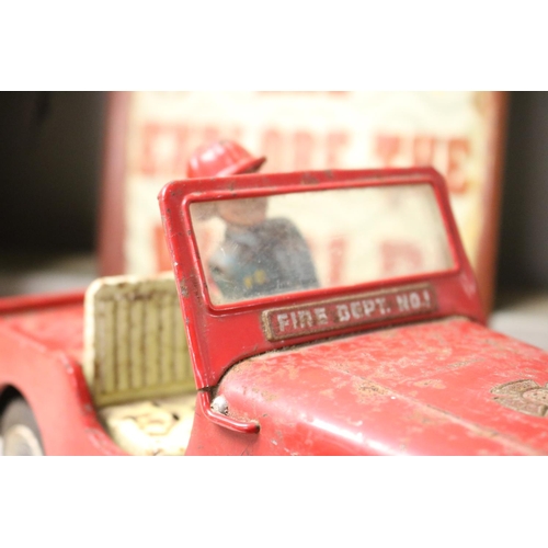 175 - TIN PLATE FIRE JEEP WITH DRIVER & 2 BOOKS & MOTORING MAGAZINES