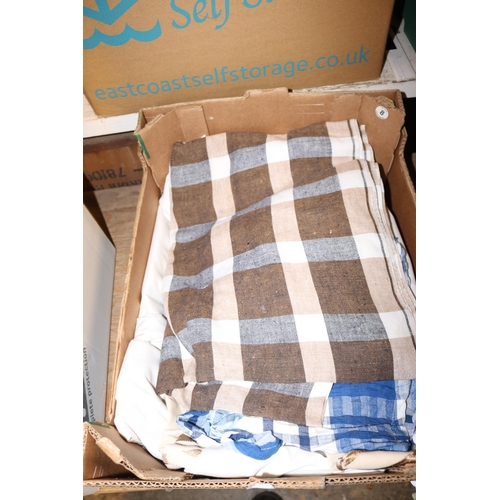 216 - BOX OF CURTAINS & TABLE LINEN