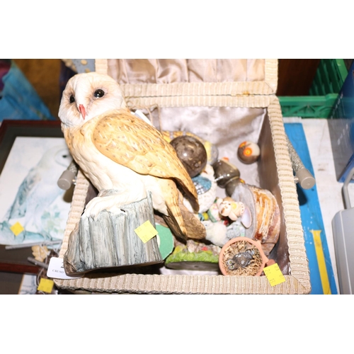 244 - COLLECTION OF OWL ORNAMENTS, PICTURES, BAG & SEWING BOX