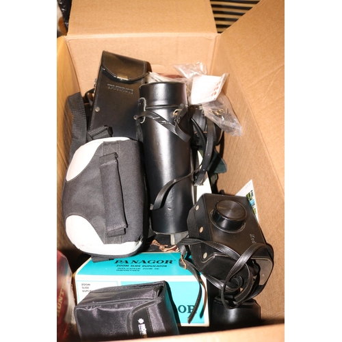 248 - BOX OF CAMERAS, ACCESSORIES & BAGS