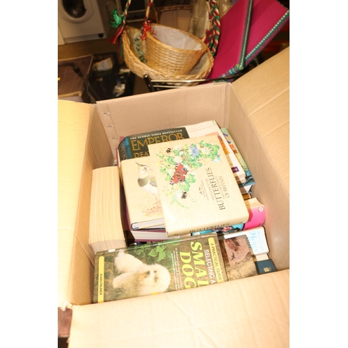 261 - BOX OF PICTURE FRAMES & 5 BOXES OF BOOKS