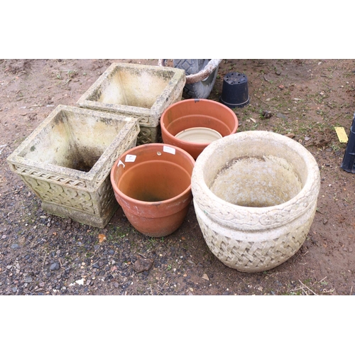 27 - 2 SQUARE CONCRETE FLOWER POTS, 1 CONCRETE & TERRACOTA POTS