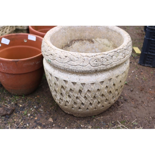 27 - 2 SQUARE CONCRETE FLOWER POTS, 1 CONCRETE & TERRACOTA POTS