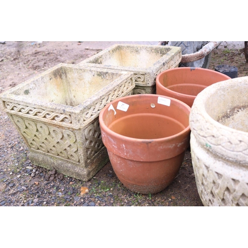 27 - 2 SQUARE CONCRETE FLOWER POTS, 1 CONCRETE & TERRACOTA POTS