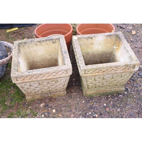 27 - 2 SQUARE CONCRETE FLOWER POTS, 1 CONCRETE & TERRACOTA POTS