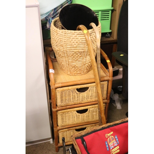 300 - 2 WALKING STICKS, 2 SHOE RACKS, 2 BASKETS, 3 WICKER DRAW UNIT, ETC