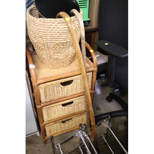 300 - 2 WALKING STICKS, 2 SHOE RACKS, 2 BASKETS, 3 WICKER DRAW UNIT, ETC