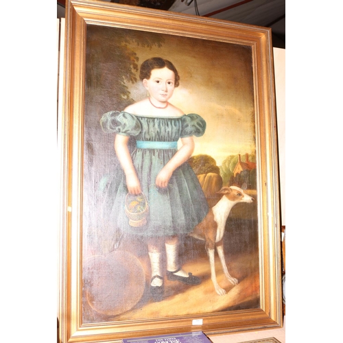 316 - OIL ON CANVAS - CIRCA 1830'S PORTRAIT OF A YOUNG GIRL WEARING A GREEN DRESS, HOLDING A BASKET WITH D... 