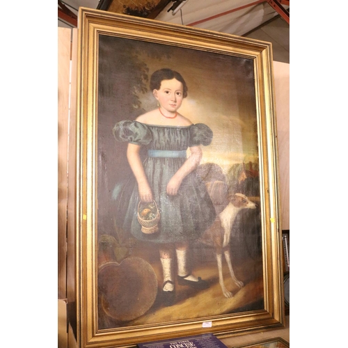 316 - OIL ON CANVAS - CIRCA 1830'S PORTRAIT OF A YOUNG GIRL WEARING A GREEN DRESS, HOLDING A BASKET WITH D... 