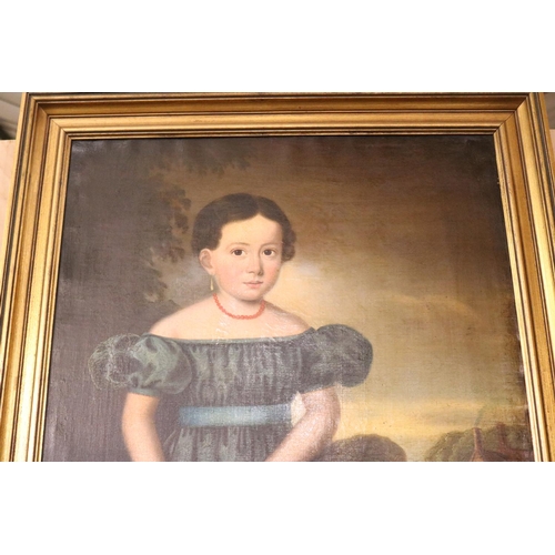 316 - OIL ON CANVAS - CIRCA 1830'S PORTRAIT OF A YOUNG GIRL WEARING A GREEN DRESS, HOLDING A BASKET WITH D... 