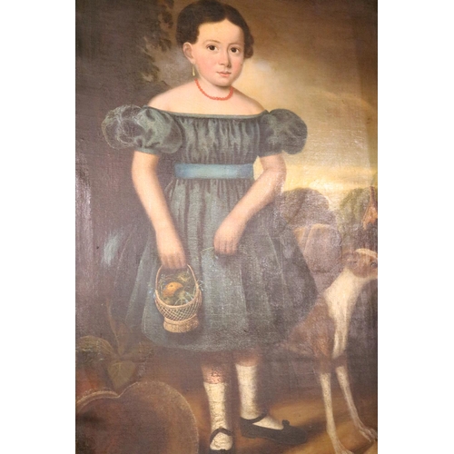 316 - OIL ON CANVAS - CIRCA 1830'S PORTRAIT OF A YOUNG GIRL WEARING A GREEN DRESS, HOLDING A BASKET WITH D... 