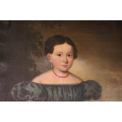 316 - OIL ON CANVAS - CIRCA 1830'S PORTRAIT OF A YOUNG GIRL WEARING A GREEN DRESS, HOLDING A BASKET WITH D... 