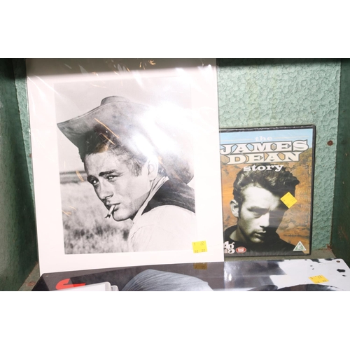 327 - JAMES DEAN, PICTURES & TIN PLATE & BOOKS