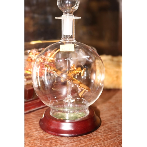 411 - 2 GLASS SHIPS IN BOTTLES, LANCASTER IN GLASS DOME, PAPERWEIGHTS, ETC