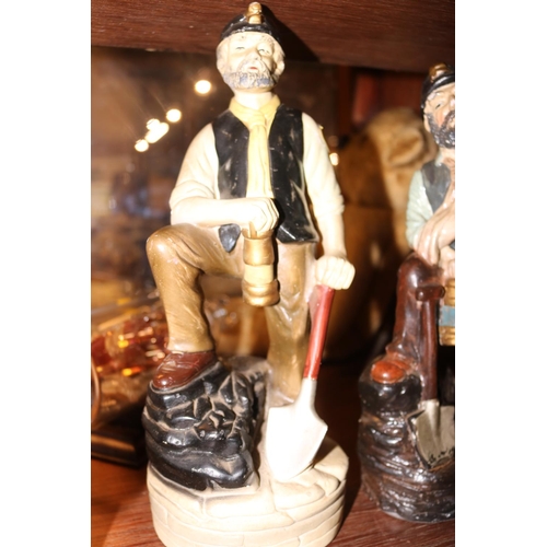 413 - BRASS MINERS LAMP & 2 EARLY MINER FIGURES