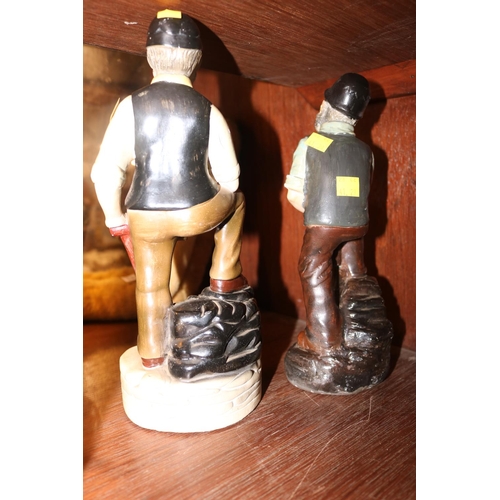 413 - BRASS MINERS LAMP & 2 EARLY MINER FIGURES