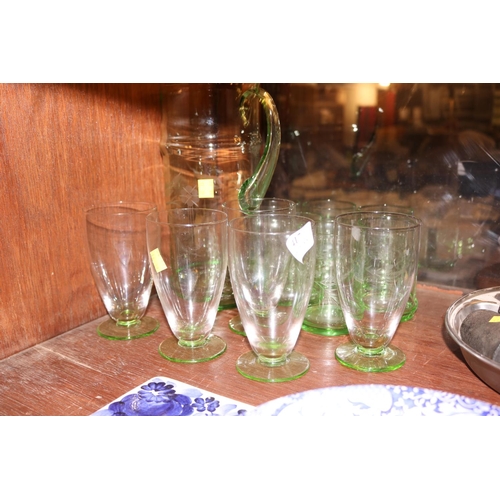 417 - GREEN GLASS WATER JUG, 6 GLASSES & 5 OTHER GLASSES